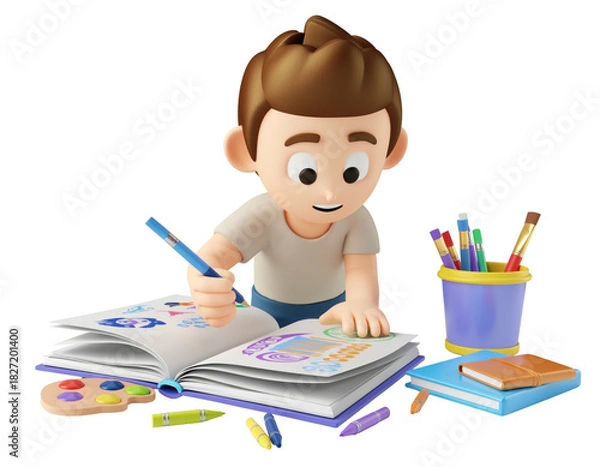 Obraz Young boy drawing at desk with colorful pencils and books.