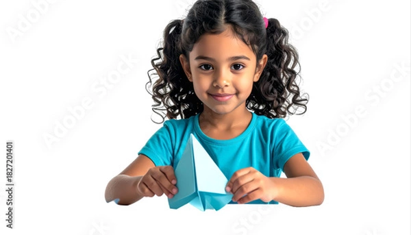 Obraz Young girl creating origami sailboat with paper.
