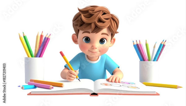 Fototapeta Young boy drawing at table with colorful pencils.