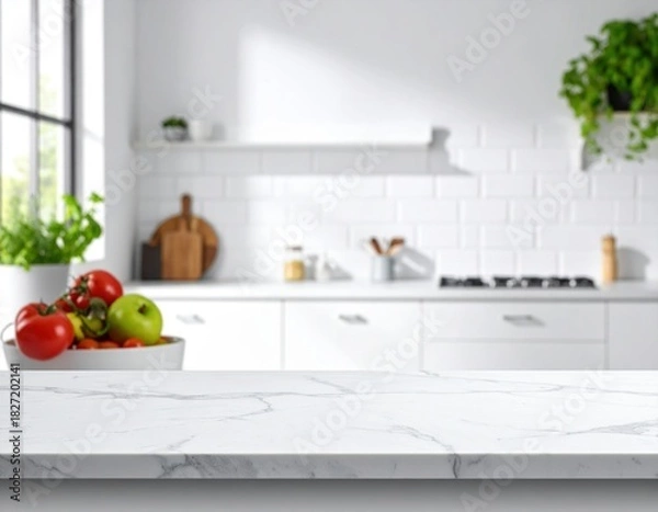 Obraz Foreground counter line with smooth kitchen backdrop white