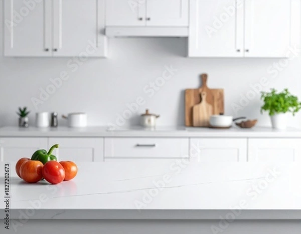 Obraz Foreground counter line with smooth kitchen backdrop white