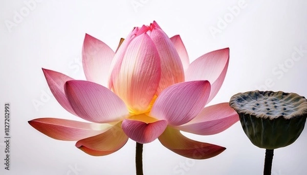 Obraz Pink Lotus Flower Blossom and Seed Pod on White Background