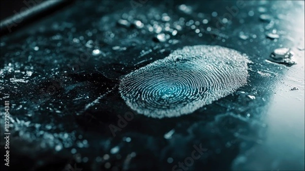 Fototapeta Close-up of a fingerprint impression on a dark surface, highlighted with blue lighting. The image evokes themes of investigation and technology.