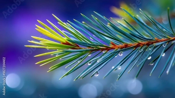 Fototapeta Close-up of a fir branch with water droplets, set against a blurred bokeh background. The image highlights the natural beauty of the plant and the delicate wate