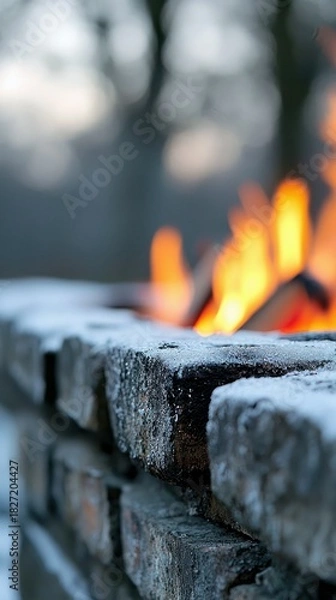 Fototapeta Close-up of a brick wall with ice on it, and a fire burning in the background, creating a contrast of hot and cold.