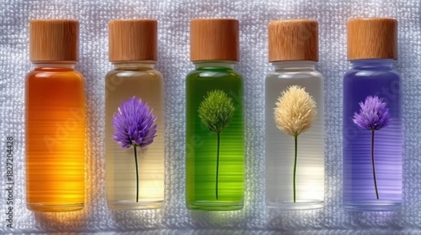 Fototapeta Five small glass bottles containing colorful liquids and dried flowers, arranged in a row on a white textured towel. Each bottle has a wooden cap.