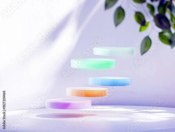 Fototapeta A 3D rendering of five colorful, floating platforms with a plant in the background, lit by soft light.
