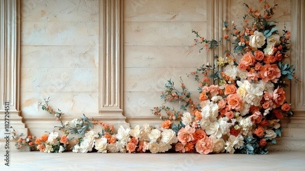 Fototapeta A beautiful floral arrangement featuring roses and other flowers is displayed against a textured stone wall. The arrangement is illuminated by soft, natural lig
