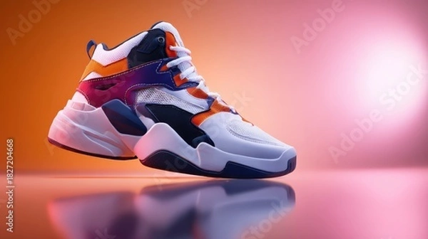 Obraz A trendy pair of sneakers stands prominently against an eye-catching gradient background, showcasing contemporary design and modern fashion in an artistic presentation.