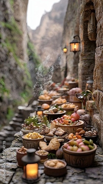 Fototapeta A display of food in wooden bowls and baskets on a stone ledge, with lanterns illuminating a narrow alleyway. Steam rises from the food, creating an atmospheric