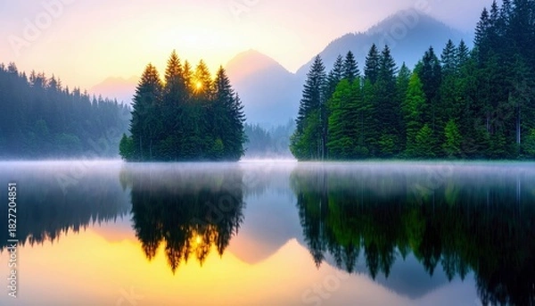 Fototapeta A tranquil landscape of a forest island on a lake with a sunrise reflecting in the water.