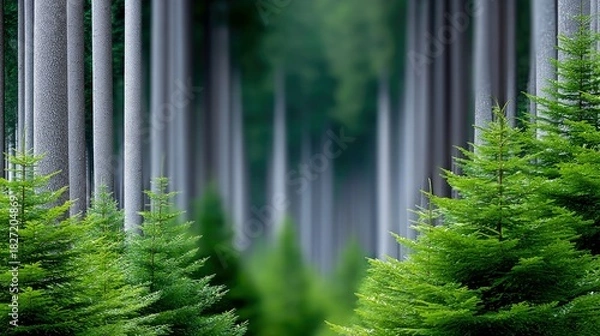 Fototapeta A lush forest scene featuring vibrant green fir trees in the foreground with tall, slender tree trunks fading into the background. The image is bathed in natura