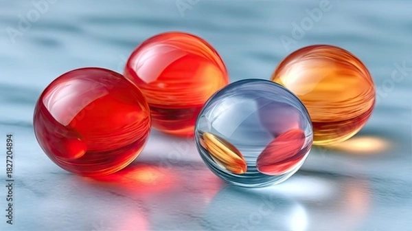 Fototapeta Close-up of four translucent spheres in red, orange, and blue hues, resting on a textured surface. The spheres have internal patterns and reflections.