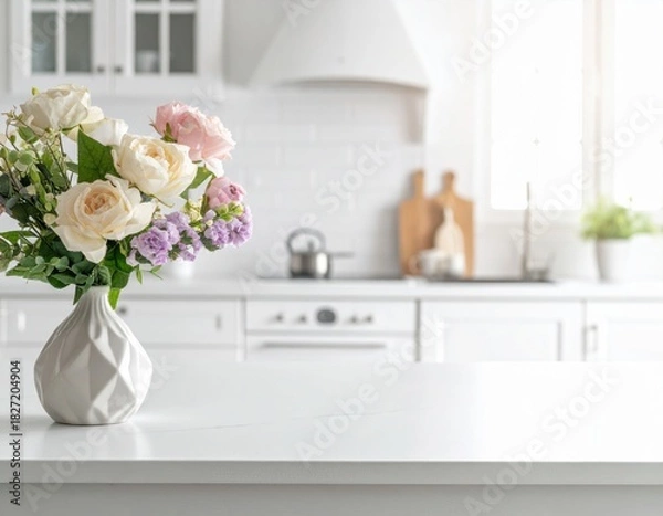 Obraz Faded soft kitchen mood behind counter foreground white