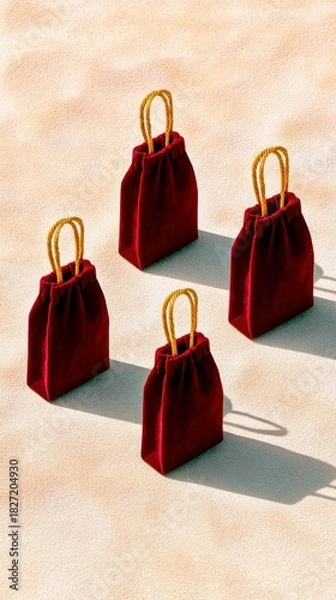 Fototapeta Four small, plush red velvet drawstring bags with gold cord handles are arranged on a sandy surface. The scene is lit from the side, casting long, dramatic shad