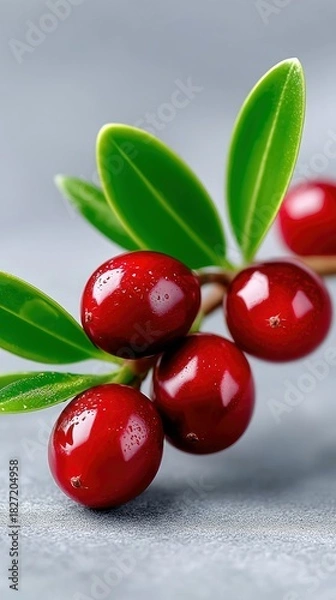 Fototapeta A close-up shot of ripe, red cranberries on a stem with vibrant green leaves, set against a smooth, light gray surface with soft lighting.
