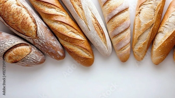 Fototapeta Overhead shot of several fresh baguettes arranged on a white surface, showcasing their crusty texture and golden color.