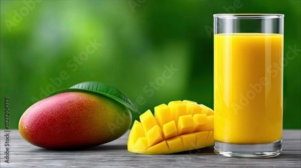 Fototapeta A glass of vibrant yellow mango juice stands next to a whole mango with a leaf and a sliced mango on a rustic wooden table. The background is a soft, blurred gr