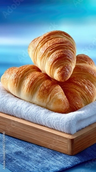 Fototapeta Close-up shot of three golden-brown croissants on a white towel, placed on a wooden tray against a blue background, with soft lighting.