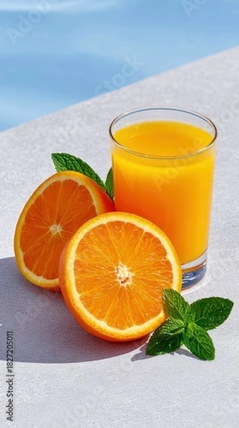 Fototapeta A refreshing glass of orange juice sits next to sliced oranges and fresh mint leaves on a textured surface, with a blurred blue background suggesting a poolside