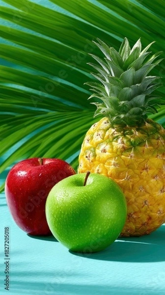 Fototapeta A vibrant still life featuring a whole pineapple, a red apple, and a green apple against a teal background with tropical palm leaves. The lighting is bright and