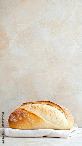 Fototapeta A loaf of freshly baked bread rests on a white linen cloth, set against a neutral, textured background.