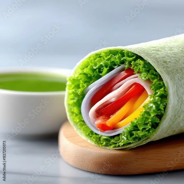 Fototapeta Close-up shot of a delicious wrap filled with fresh vegetables, ham, and lettuce, served on a wooden board. A bowl of green sauce is in the background.