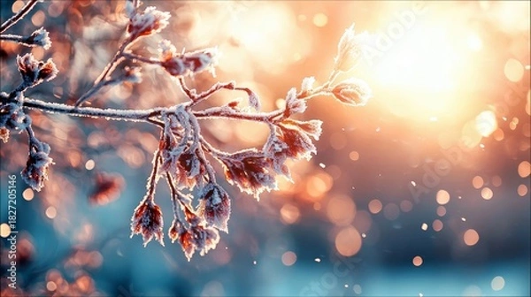 Fototapeta Close-up of a frosted branch with delicate flowers, bathed in warm sunlight, creating a dreamy and serene winter scene.