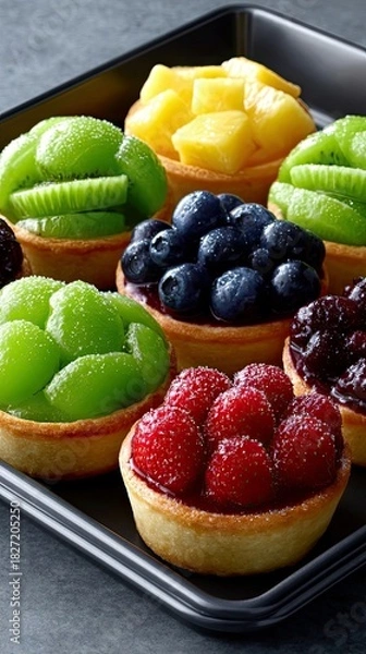 Fototapeta Close-up of a variety of fruit tarts on a dark tray. The tarts are filled with different fruits, including kiwi, blueberries, raspberries, and mango. The lighti