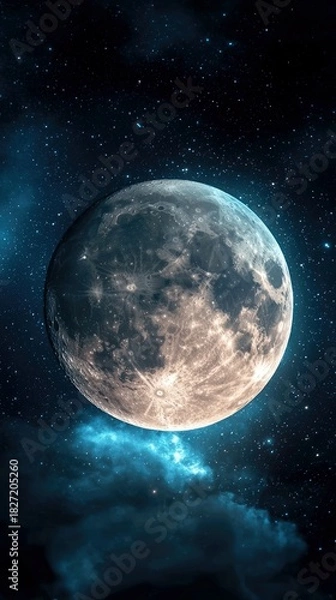 Fototapeta A full moon is prominently displayed in a night sky filled with stars and clouds, creating a celestial scene.