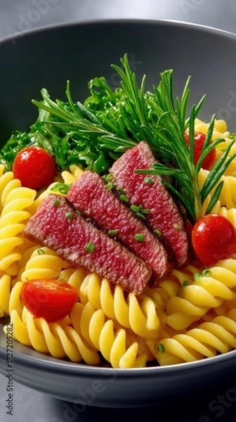 Fototapeta A close-up shot of a bowl of fusilli pasta topped with sliced steak, cherry tomatoes, rosemary, and green leaves. The lighting is soft and highlights the textur