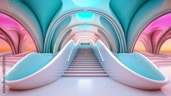 Fototapeta A futuristic architectural interior with stairs and a slide, featuring a colorful and vibrant lighting scheme. The design is modern and abstract.
