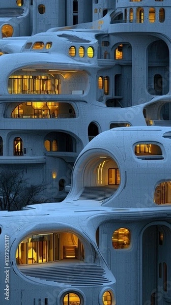 Fototapeta A futuristic building with a unique design is illuminated by warm interior lights at dusk. The architecture is organic and modern.