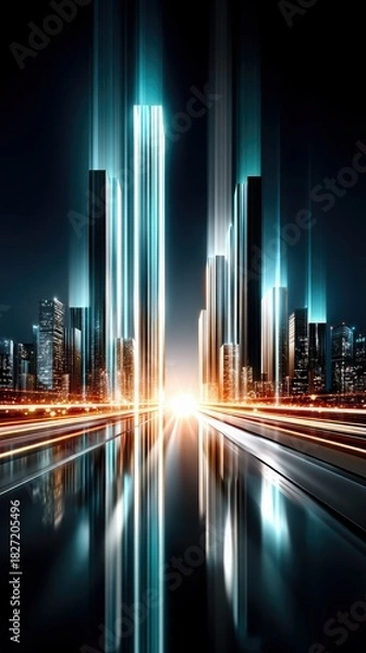 Fototapeta A futuristic cityscape with light trails and glowing buildings at night, creating a sense of speed and technological advancement.