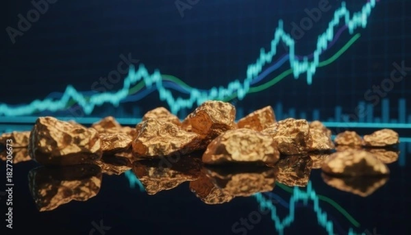 Obraz Close-up shot of gold nuggets with a stock market graph in the background, representing investment.