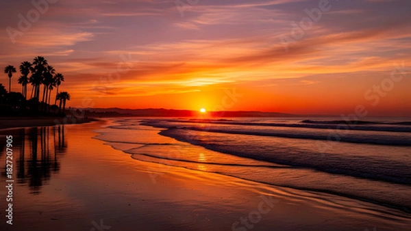 Fototapeta Stunning sunset ocean vista with palm trees casting long shadows, creating a tranquil beach escape perfect for travel inspiration and peaceful relaxation