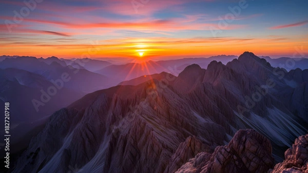 Obraz Stunning mountain range at sunrise evokes peaceful feeling of adventure and escape, ideal for travel, nature, and outdoor lifestyle campaigns, breathtaking scenery