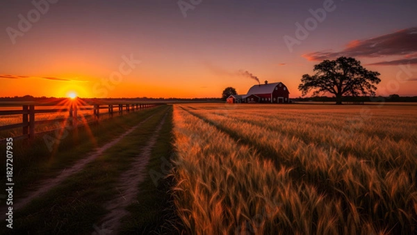 Obraz Breathtaking sunset over golden wheat fields and a charming red barn evokes peace and rural beauty, perfect for travel, farming, or nostalgic themes