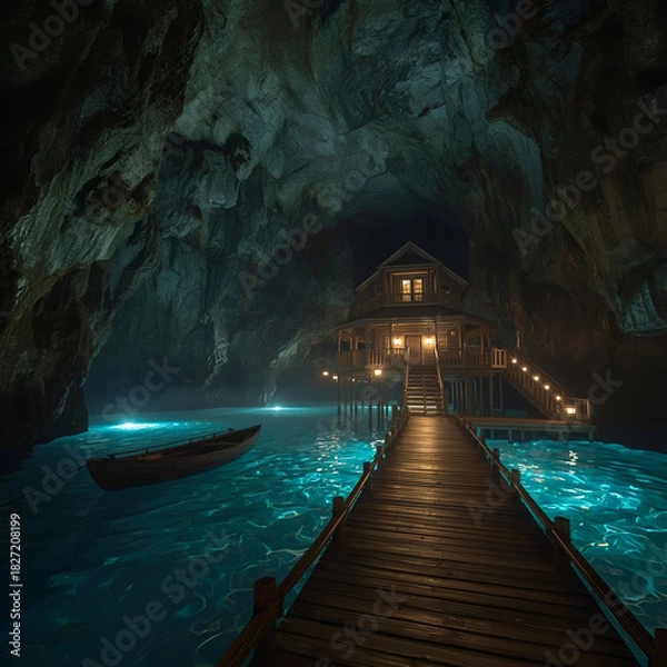 Obraz A stunning cave house retreat built above glowing turquoise water, illuminated by warm ambient lights that reflect off the rocky cavern walls.