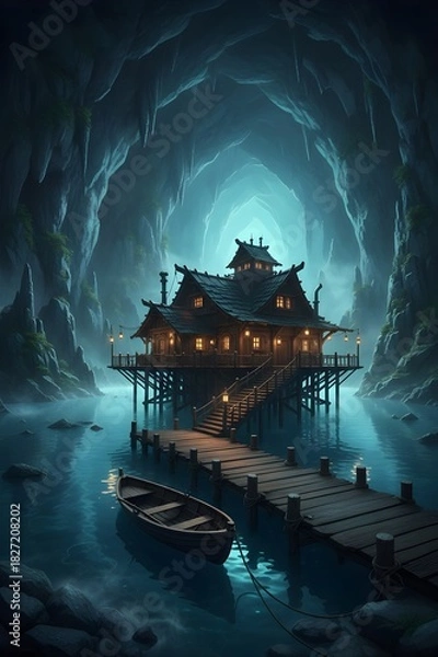 Obraz A stunning cave house retreat built above glowing turquoise water, illuminated by warm ambient lights that reflect off the rocky cavern walls.