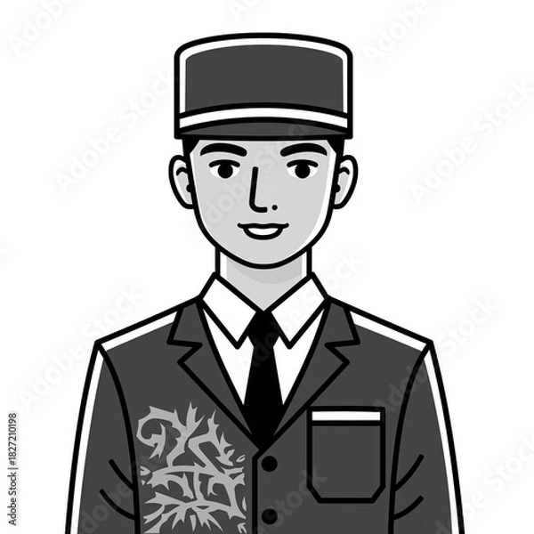 Obraz Stylized illustration of a smiling hotel doorman in a gray uniform with a hat and tie against a transparent background