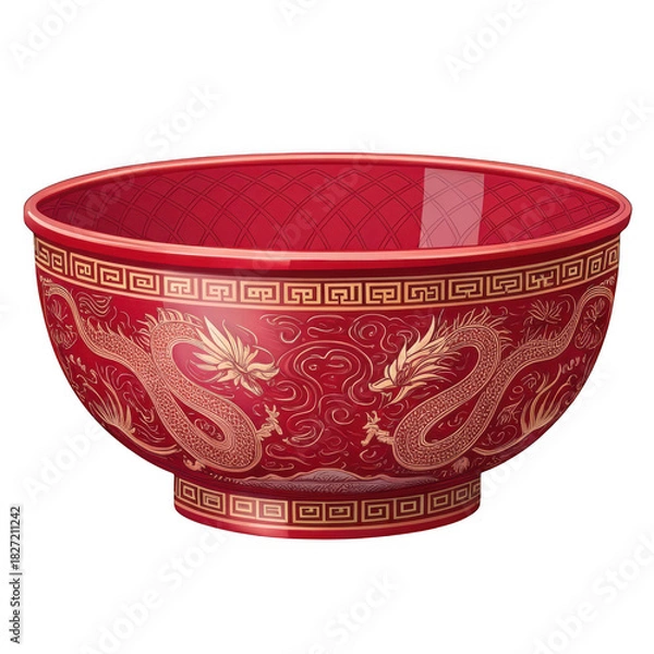 Obraz Traditional chinese red ceramic bowl with golden dragon design isolated on transparent background