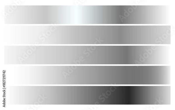 Fototapeta A set of five horizontal color bars displaying a full range of silver, grey, and chrome gradients for modern graphic design, tech backgrounds, luxury product branding, website banners, and digital art
