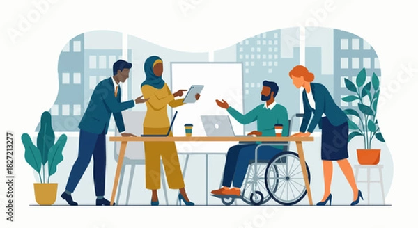 Fototapeta Efficient Teamwork Collaboration in Modern Office – Flat Business Illustration
