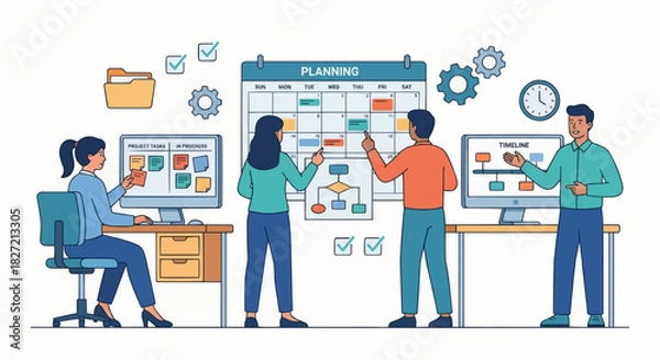 Fototapeta Productive Office Workflow and Task Management – Flat Business Illustration