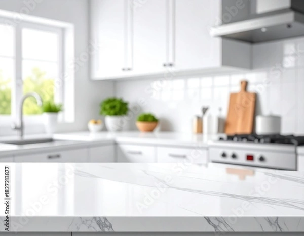 Obraz Tilted-angle countertop shot with calm kitchen blur white