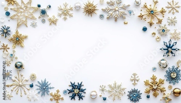 Obraz A white background with gold and blue snowflakes, stars, and diamonds arranged in an empty frame design. The image should have no text or other elements on the left side