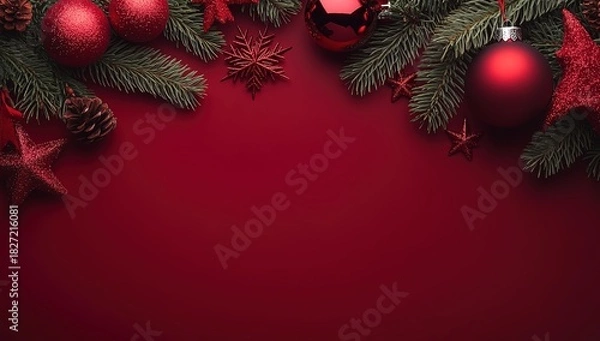 Obraz Red Christmas background with snowflakes and stars, red ornaments on the sides, red color scheme, red color palette, red background, Christmas decorations, red festive atmosphere, red color design