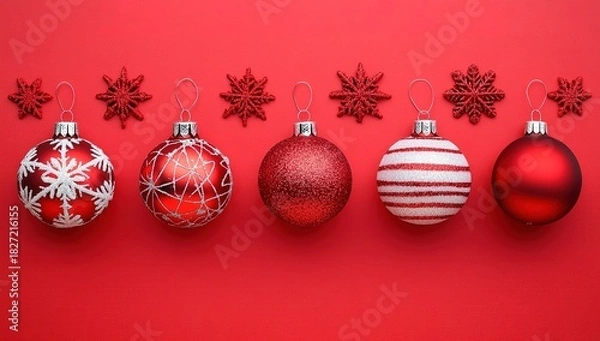 Obraz Red Christmas background with snowflakes and stars, red ornaments on the sides, red color scheme, red color palette, red background, Christmas decorations, red festive atmosphere, red color design