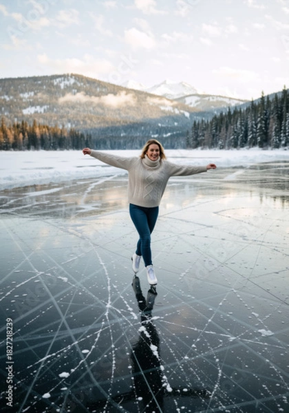 Obraz Happy young woman ice skating on a frozen lake in the mountains. Vertical photo of a person enjoying a fun winter activity outdoors. Winter vacation and recreation concept